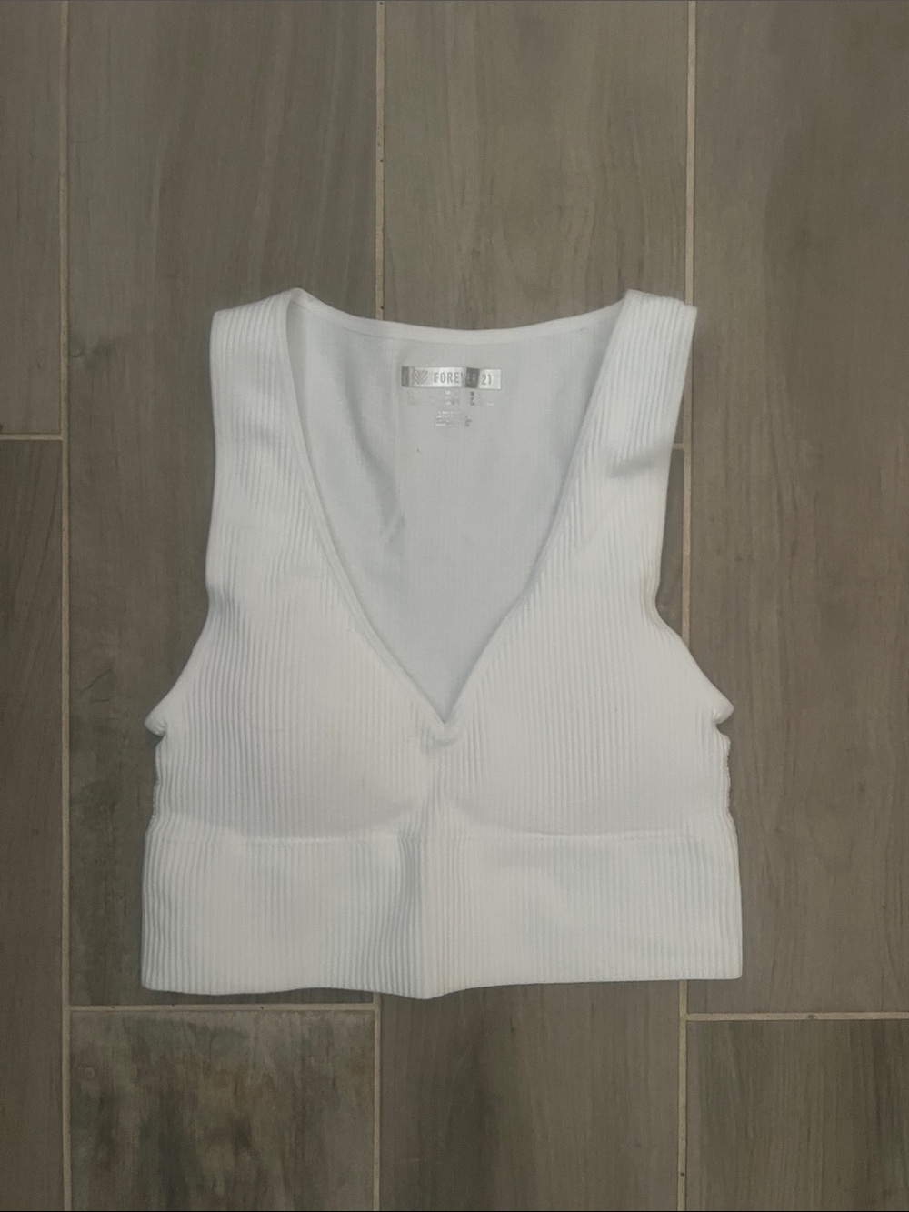 Forever 21 White Ribbed V-Neck Crop Top